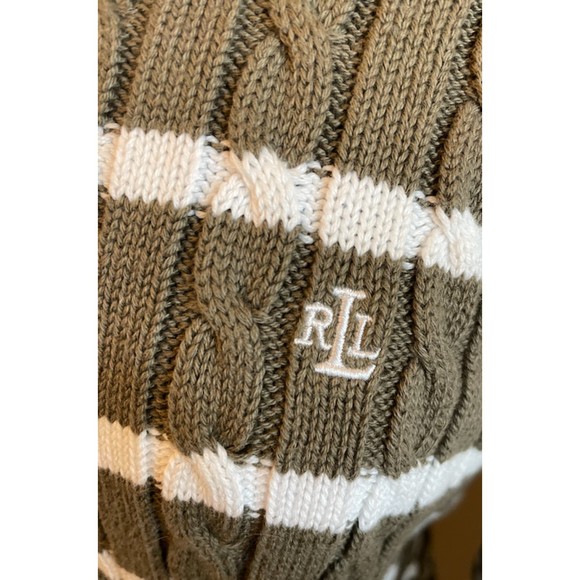 Lauren Ralph Lauren Cable Knit Sweater - Olive Green and White Striped - Sz L - Picture 3 of 5